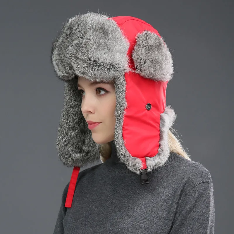 Rabbit fur unisex thickened warm ear protection hat in black cloth with black fur, dome crown style