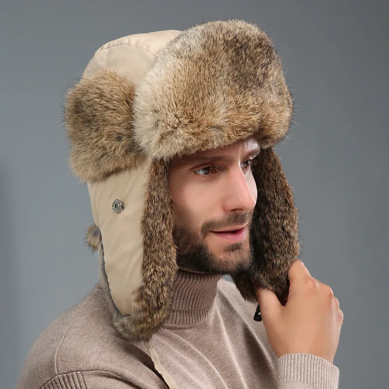 Rabbit fur unisex thickened warm ear protection hat in black cloth with black fur, dome crown style