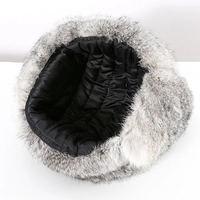 Rabbit fur unisex thickened warm ear protection hat in black cloth with black fur, dome crown style