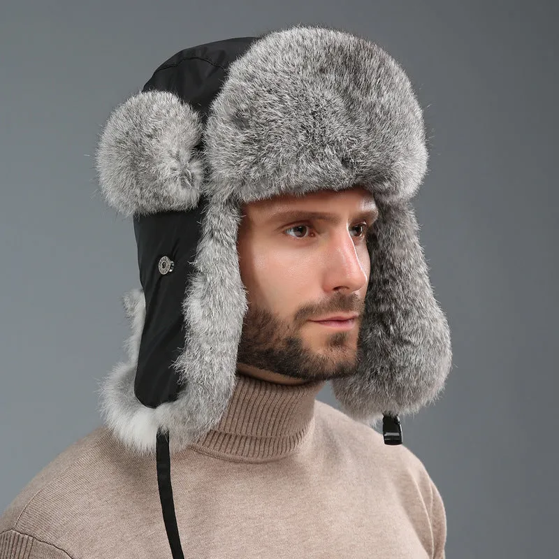 Rabbit fur unisex thickened warm ear protection hat in black cloth with black fur, dome crown style