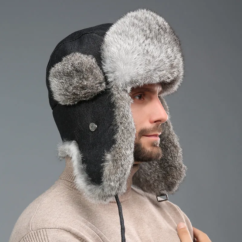 Rabbit fur unisex thickened warm ear protection hat in black cloth with black fur, dome crown style