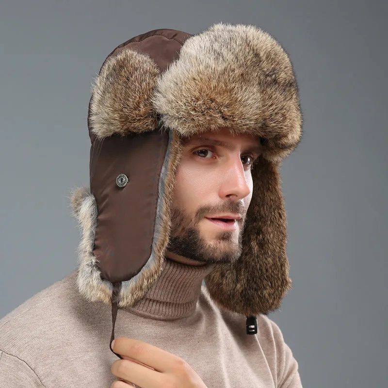 Rabbit fur unisex thickened warm ear protection hat in black cloth with black fur, dome crown style