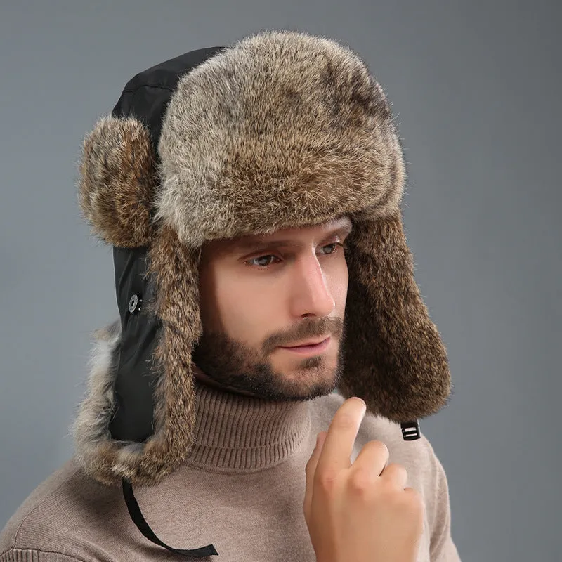 Rabbit fur unisex thickened warm ear protection hat in black cloth with black fur, dome crown style