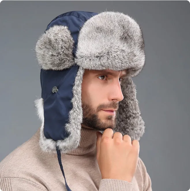 Rabbit fur unisex thickened warm ear protection hat in black cloth with black fur, dome crown style