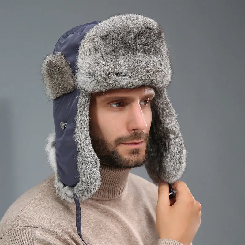 Rabbit fur unisex thickened warm ear protection hat in black cloth with black fur, dome crown style