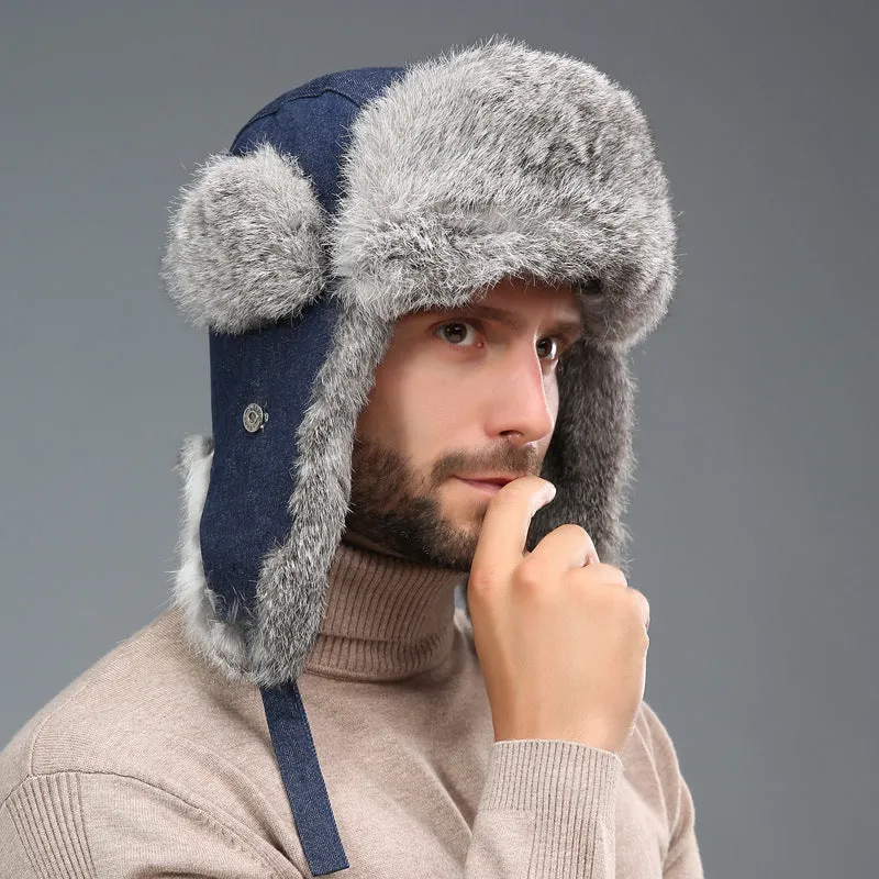 Rabbit fur unisex thickened warm ear protection hat in black cloth with black fur, dome crown style