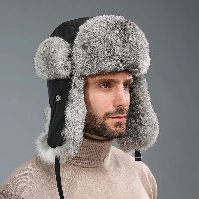 Rabbit fur unisex thickened warm ear protection hat in black cloth with black fur, dome crown style