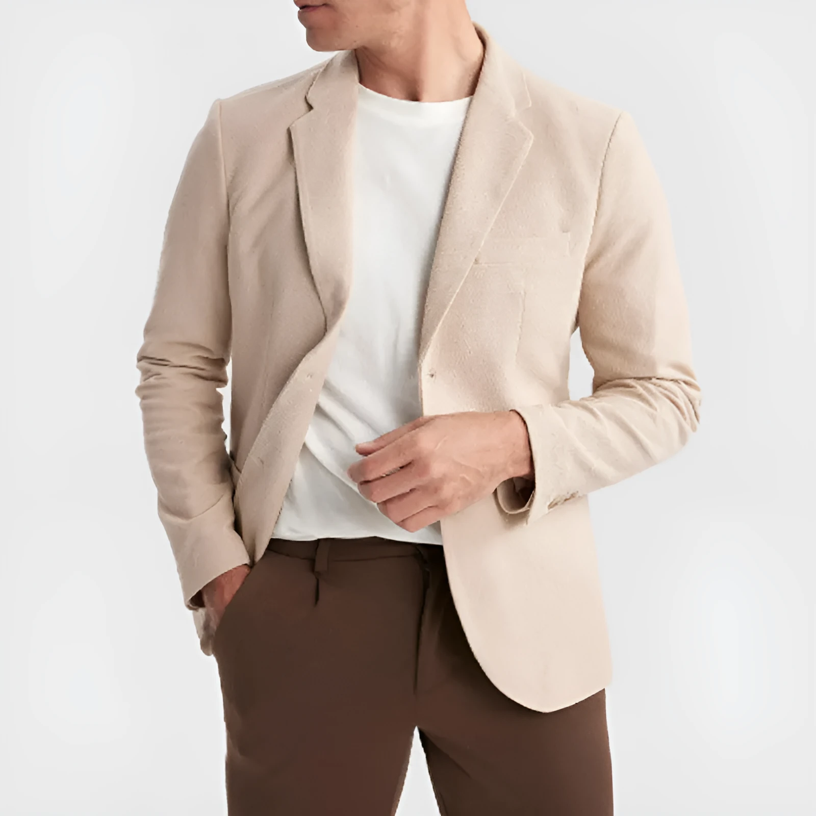 Business casual slim fit double button suit jacket with bag cover seam pocket in polyester blend, white button variant