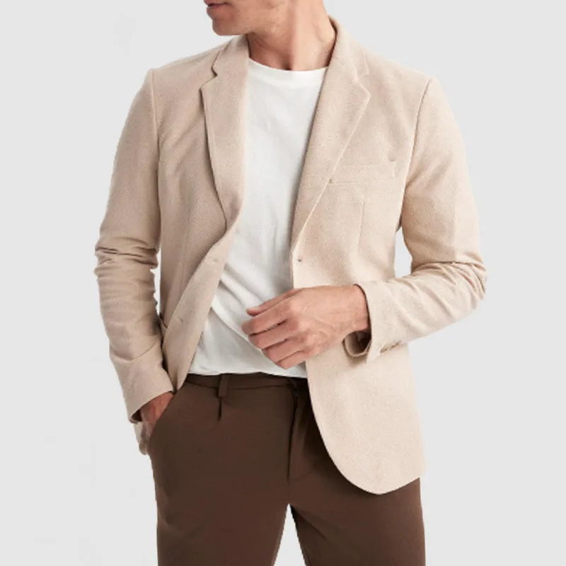 Business casual slim fit double button suit jacket with bag cover seam pocket in polyester blend, white button variant