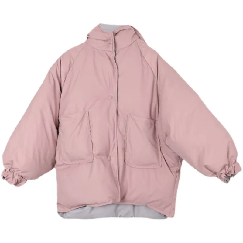 Korean reversible coat made of polyester in apricot colour with pockets and straight cut