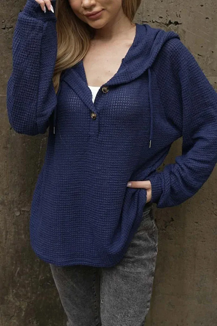 Solid colour women's hoodie with drawstrings and V-neck in dark blue, loose long sleeve polyester sweatshirt