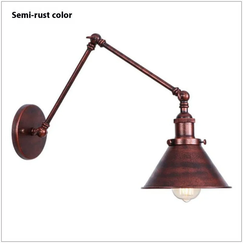 Rocker arm wall lamp with retractable folding arm in iron shade, available in black, gold, or rust