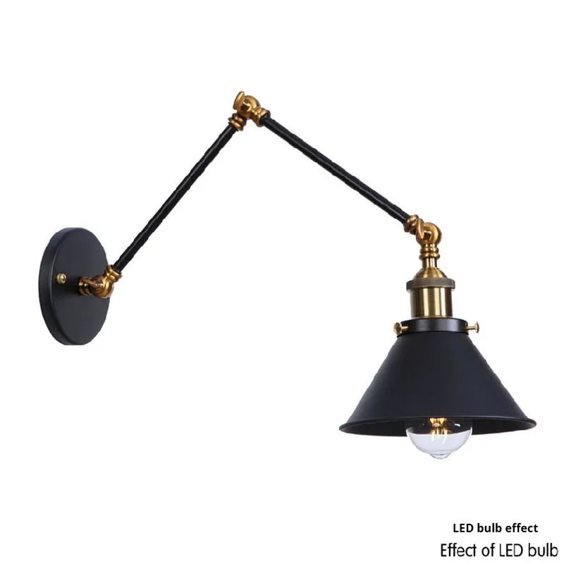 Rocker arm wall lamp with retractable folding arm in iron shade, available in black, gold, or rust