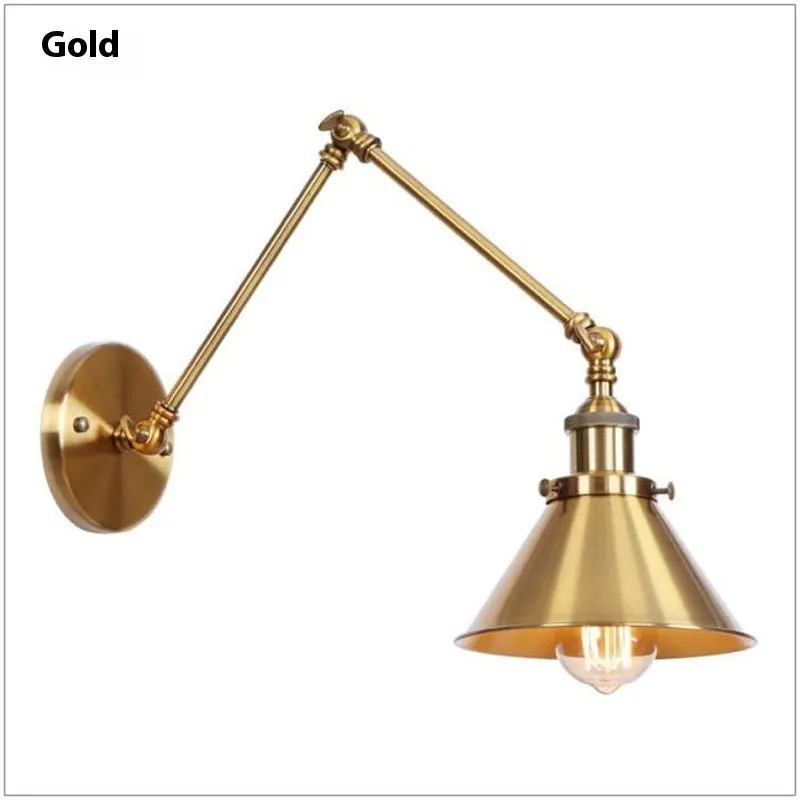 Rocker arm wall lamp with retractable folding arm in iron shade, available in black, gold, or rust
