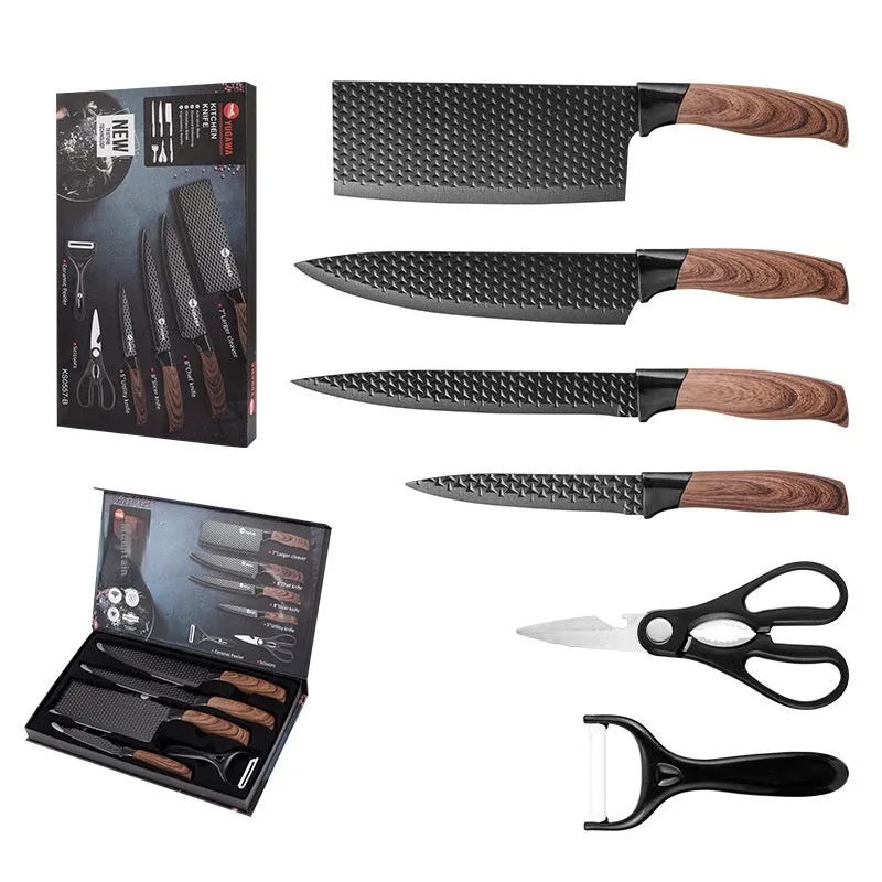 Six kitchen knives with diamond-pattern 2CR13 steel blades and wood grain handles laid out on a surface