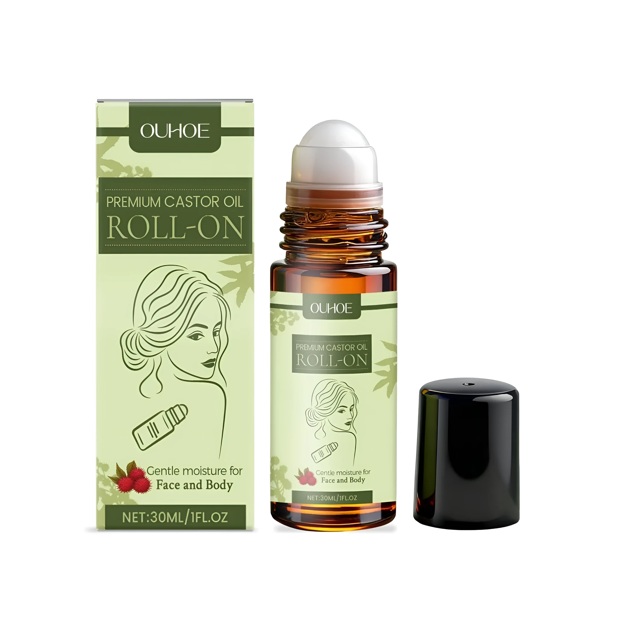 30ml castor oil roll-on bottle with vitamin E on white background