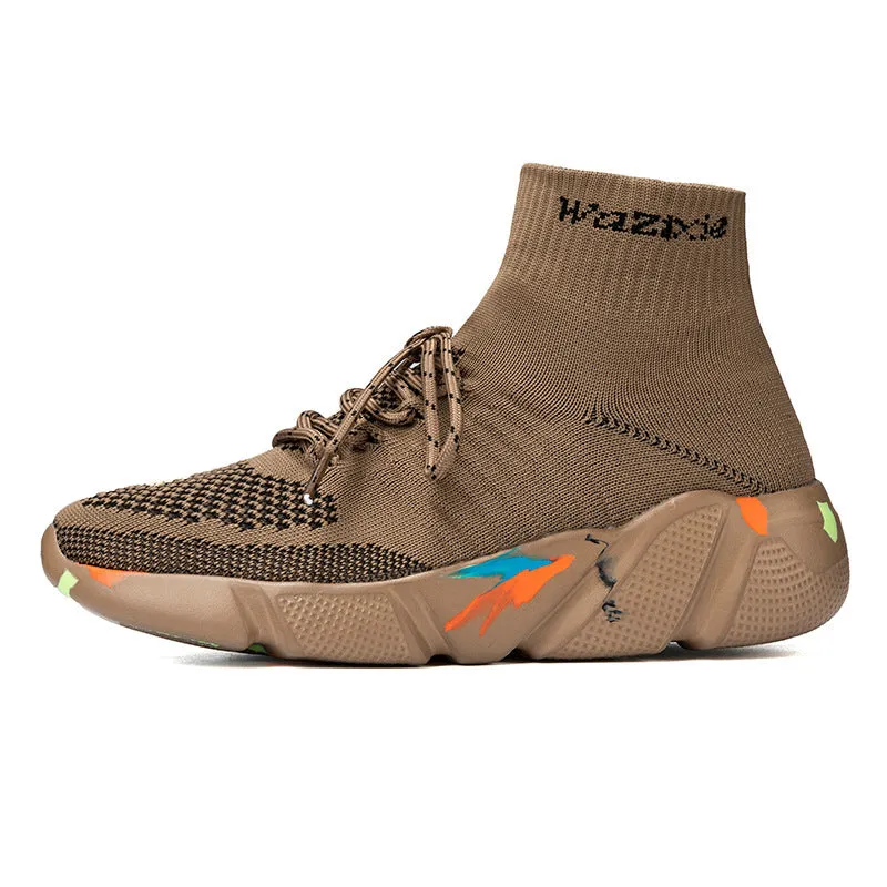 Women's casual Flyknit sports shoes in camouflage colour with mid heel and rubber sole