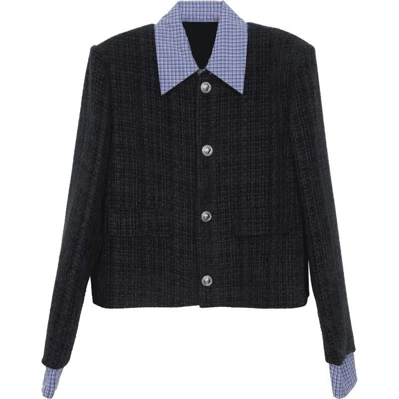 New loose leisure short jacket for women in solid colour tweed with long sleeves and button closure