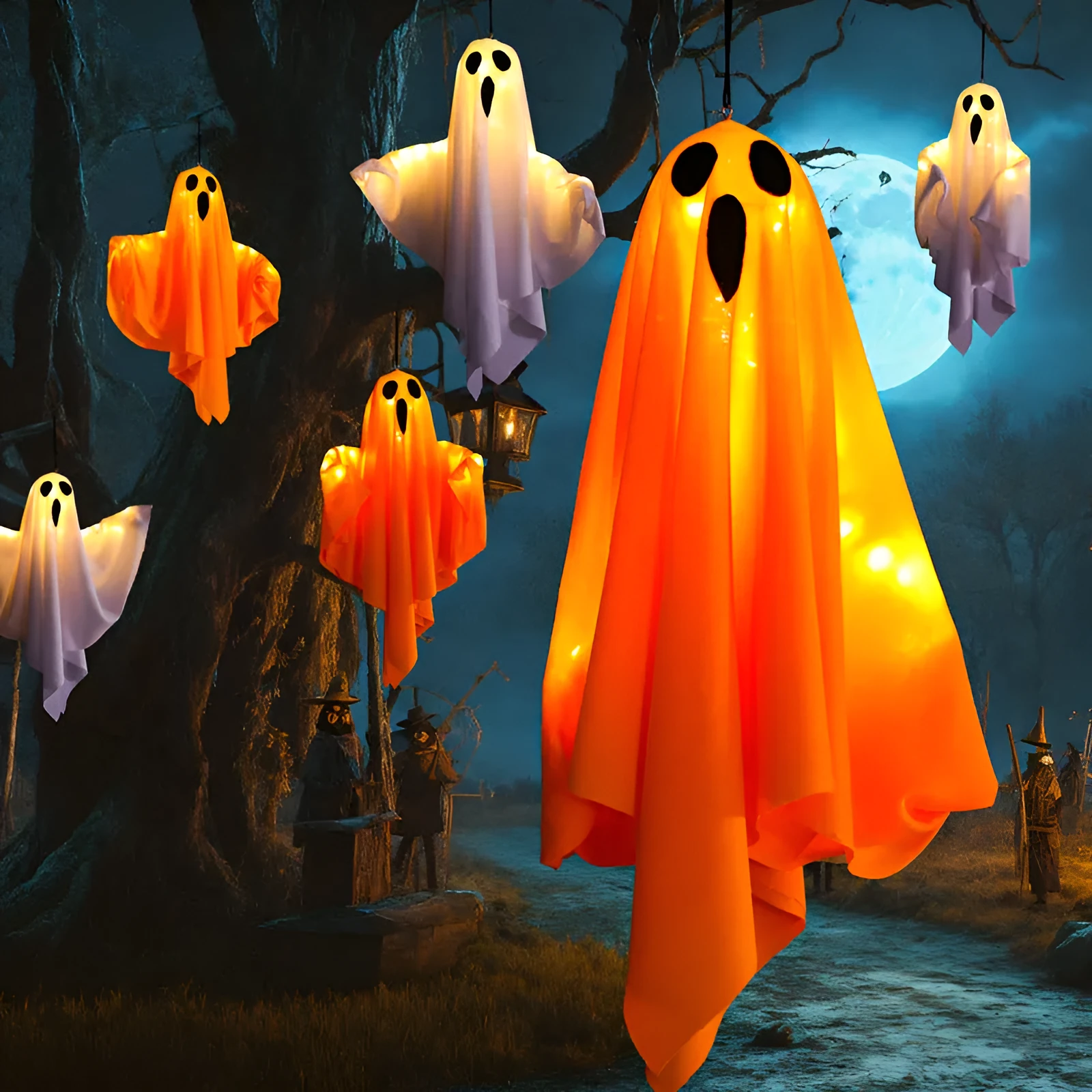 Halloween ghost light decoration with cloth material ghost scream design in white and orange colour options