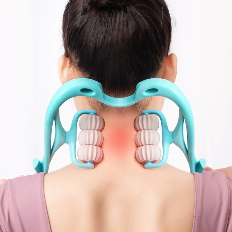 Blue plastic handheld massager with six white rotating wheels for neck and shoulders.