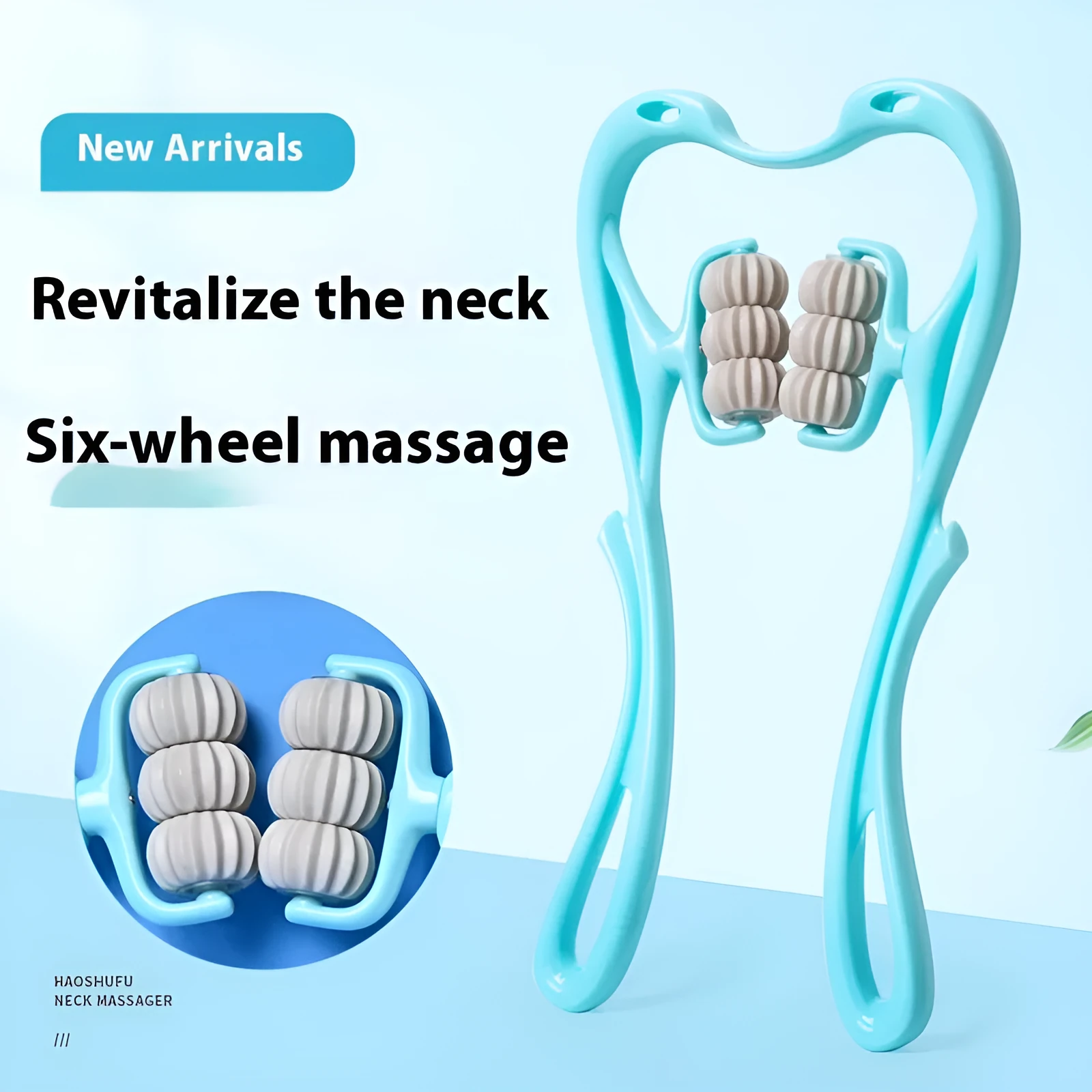 Blue plastic handheld massager with six white rotating wheels for neck and shoulders.