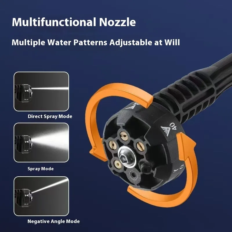 Green wireless high-pressure water gun with six nozzle attachments and foam pot for garden cleaning