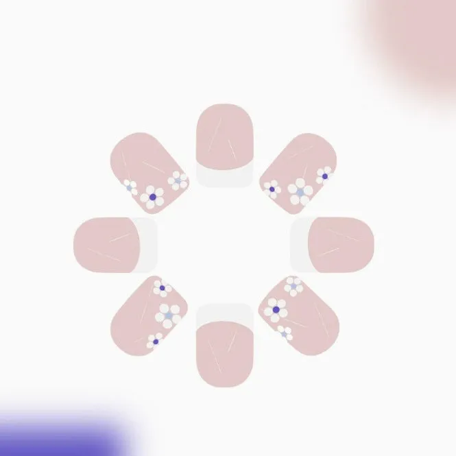 24 pieces of short wearable nail patches with white French flower pattern on plastic backing, with jelly glue wipe