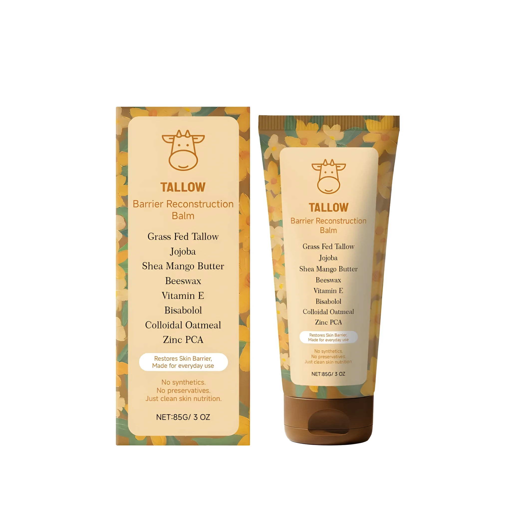 Tallow Barrier Reconstruction Balm 100g in a white pot with a dark lid, ingredient list includes colloidal oats, jojoba oil, shea butter, beeswax, zinc PCA, and vitamin E.