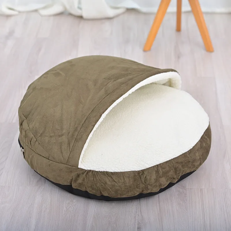 Brown cloth dog kennel with removable washable cover for small dogs, side view