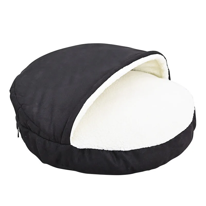 Brown cloth dog kennel with removable washable cover for small dogs, side view