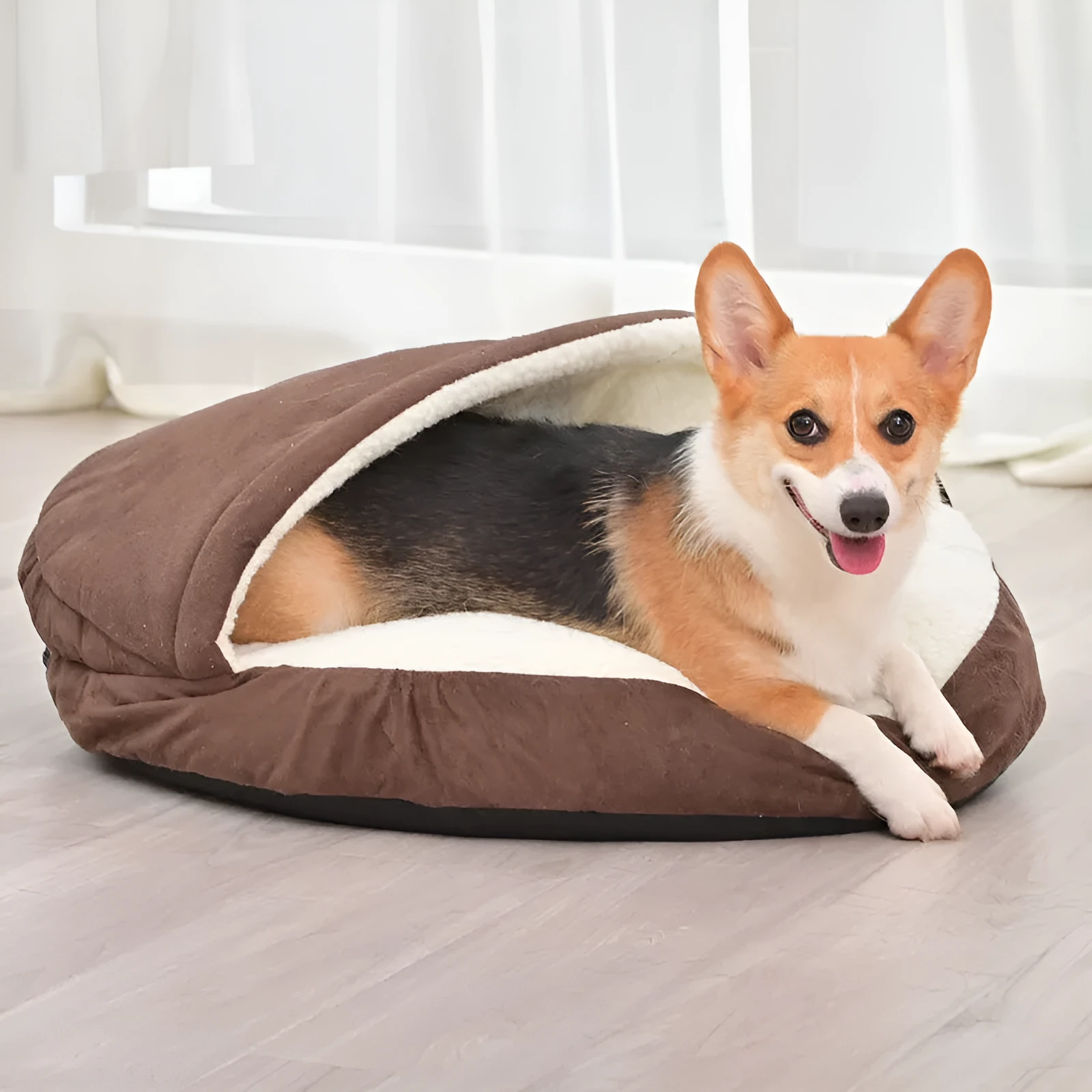 Brown cloth dog kennel with removable washable cover for small dogs, side view