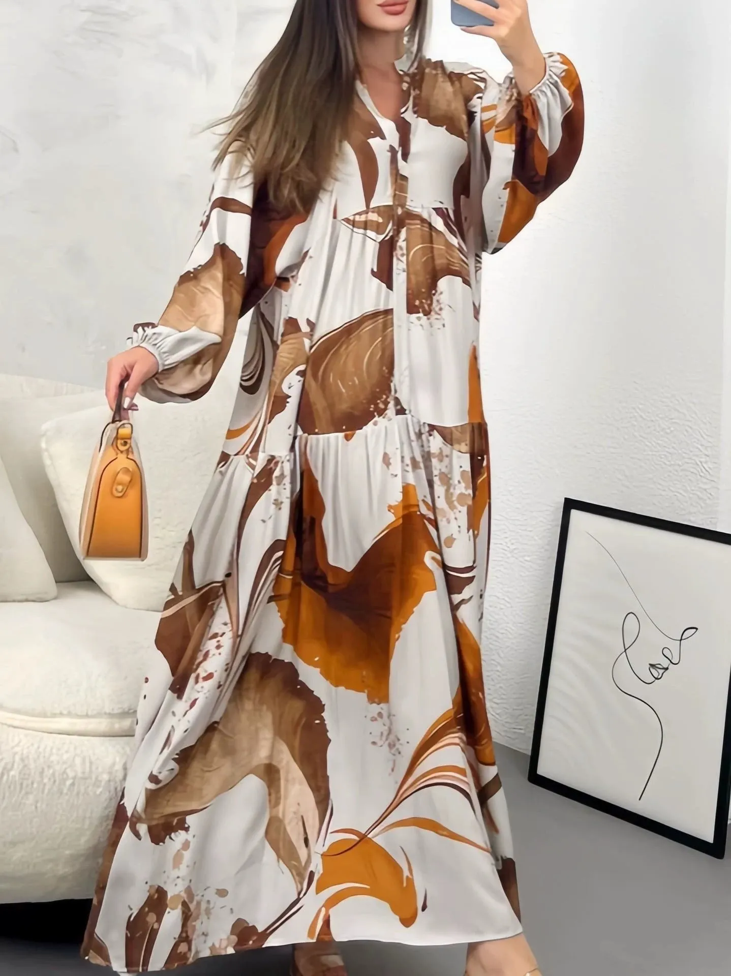 Loose V-neck dress with long sleeves and oversized swing skirt in Rose Red colour