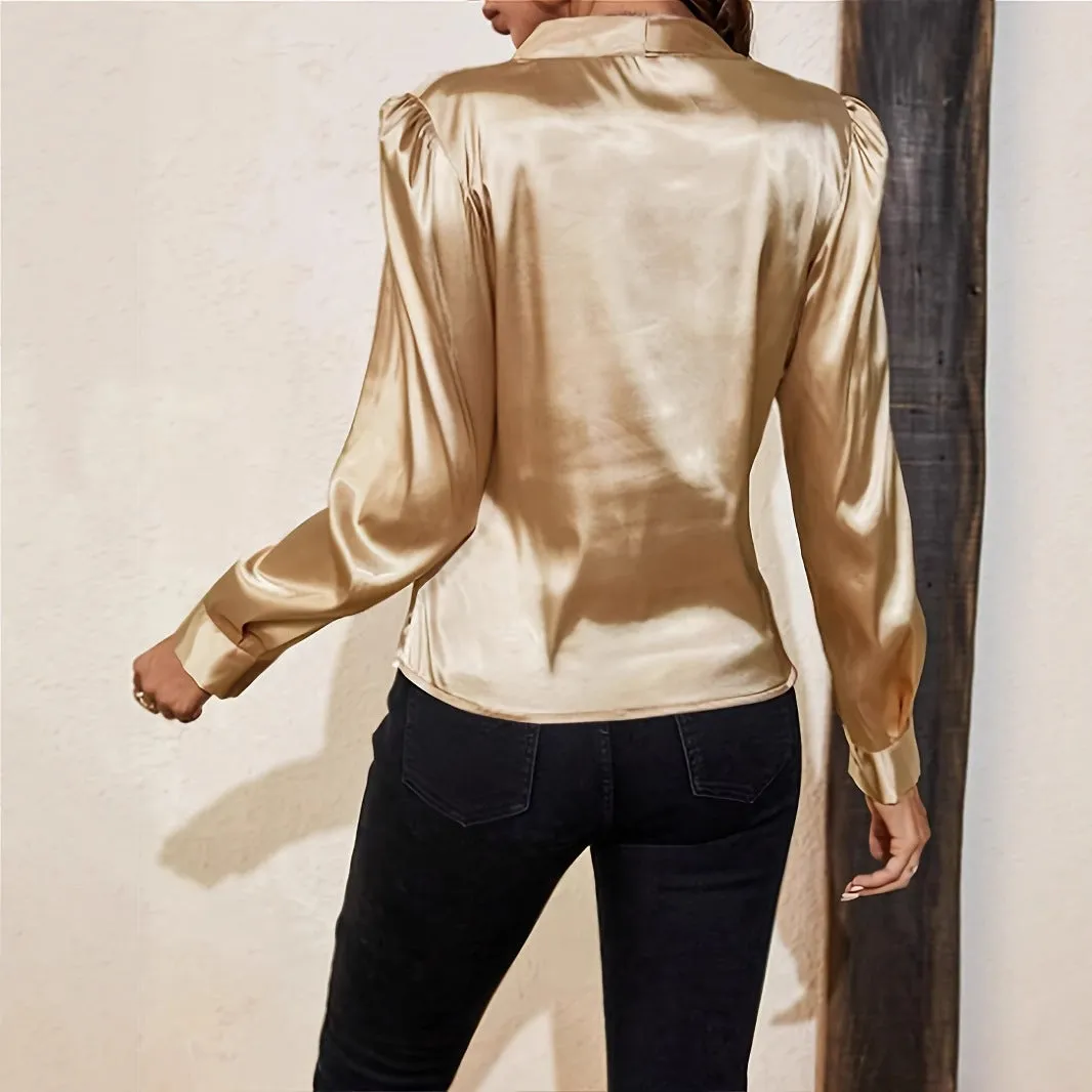 High-grade satin artificial silk long sleeve top loose fit lantern sleeve blouse in Champagne colour for women