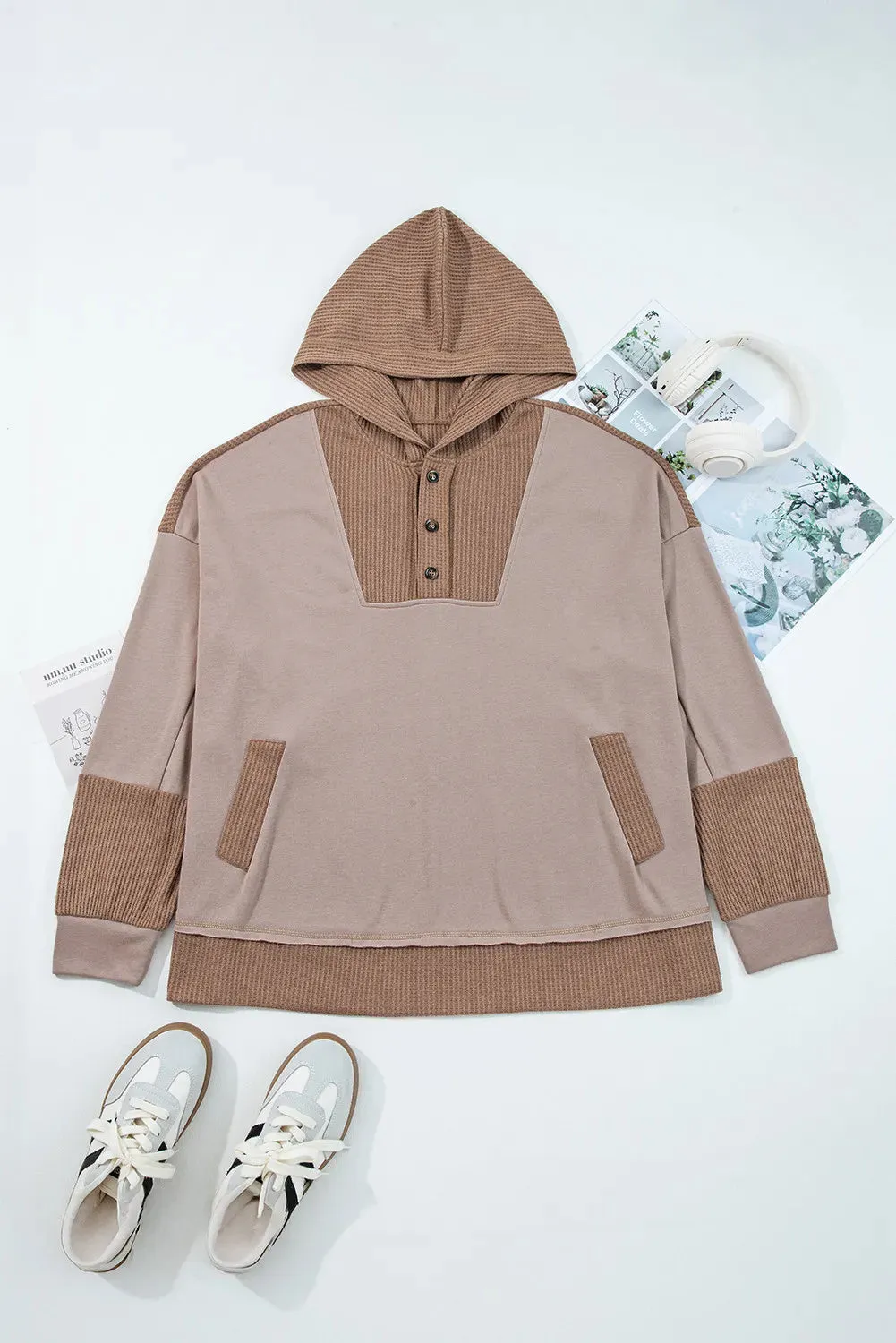 Goat Waffle Contrast Patchwork Plus Size Hoodie with Pockets in 1XL-4XL
