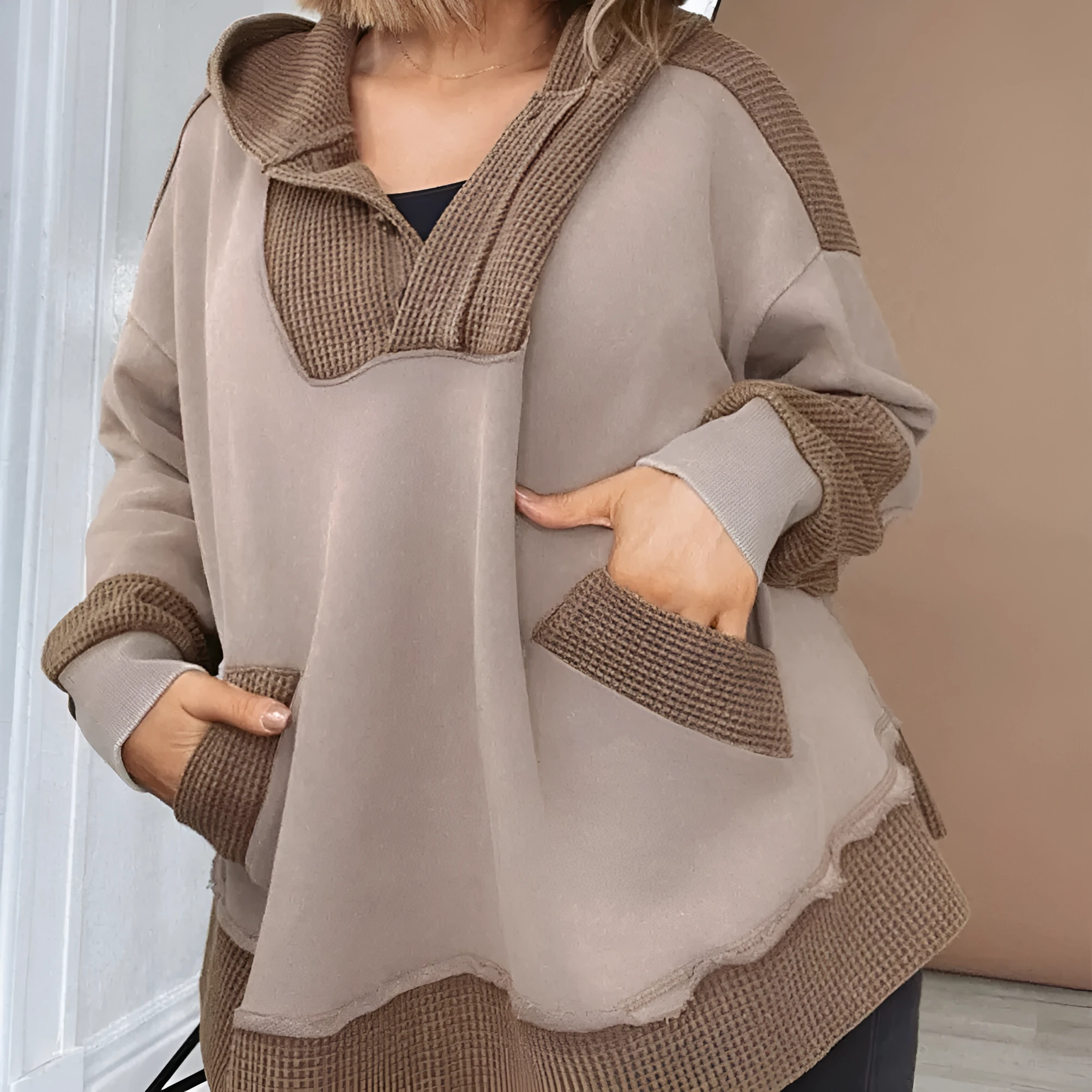 Goat Waffle Contrast Patchwork Plus Size Hoodie with Pockets in 1XL-4XL