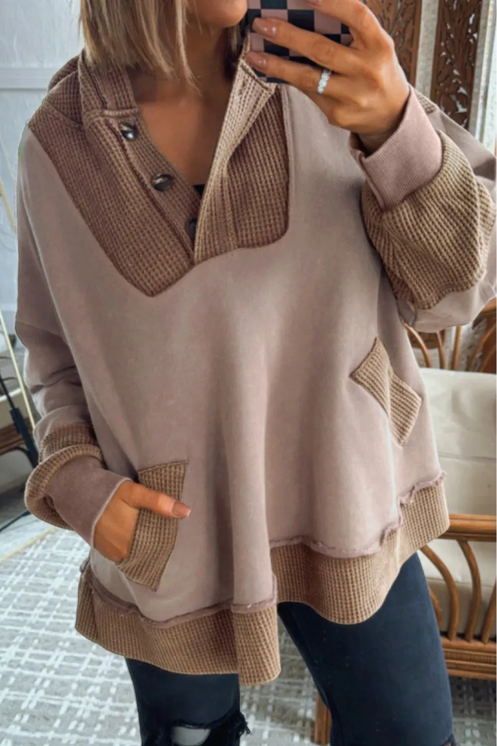Goat Waffle Contrast Patchwork Plus Size Hoodie with Pockets in 1XL-4XL