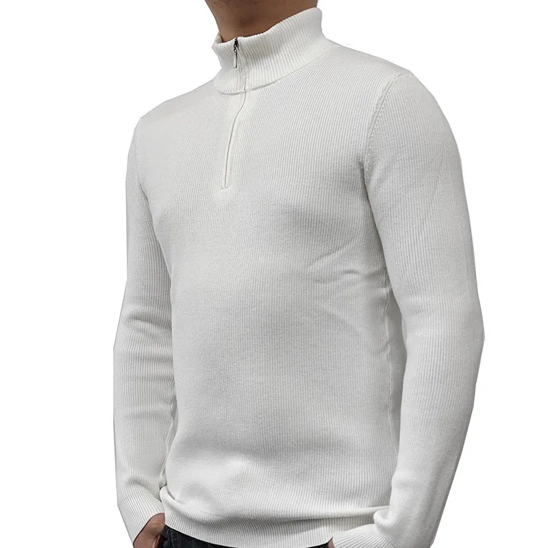 Men's black half-turtleneck zip sweater on a hanger, showing long sleeves and zip front detail.