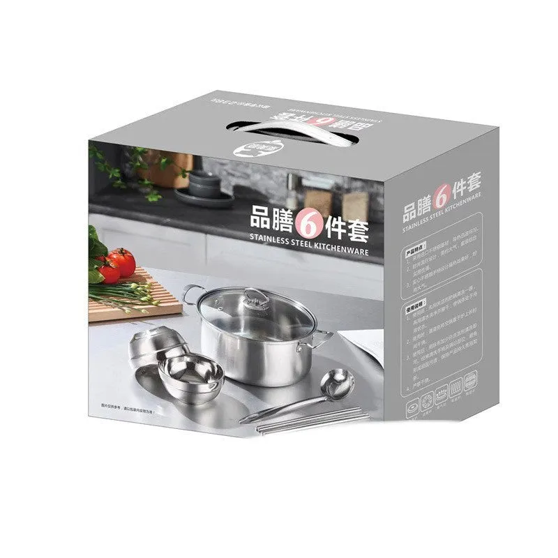 Six-piece stainless steel kitchen pot set with glass lid and tableware in colour box