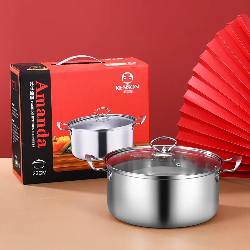 Six-piece stainless steel kitchen pot set with glass lid and tableware in colour box