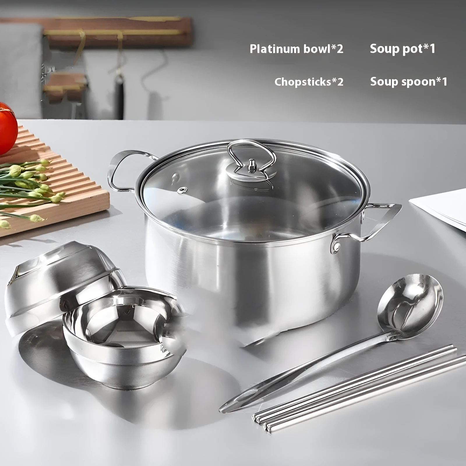 Six-piece stainless steel kitchen pot set with glass lid and tableware in colour box