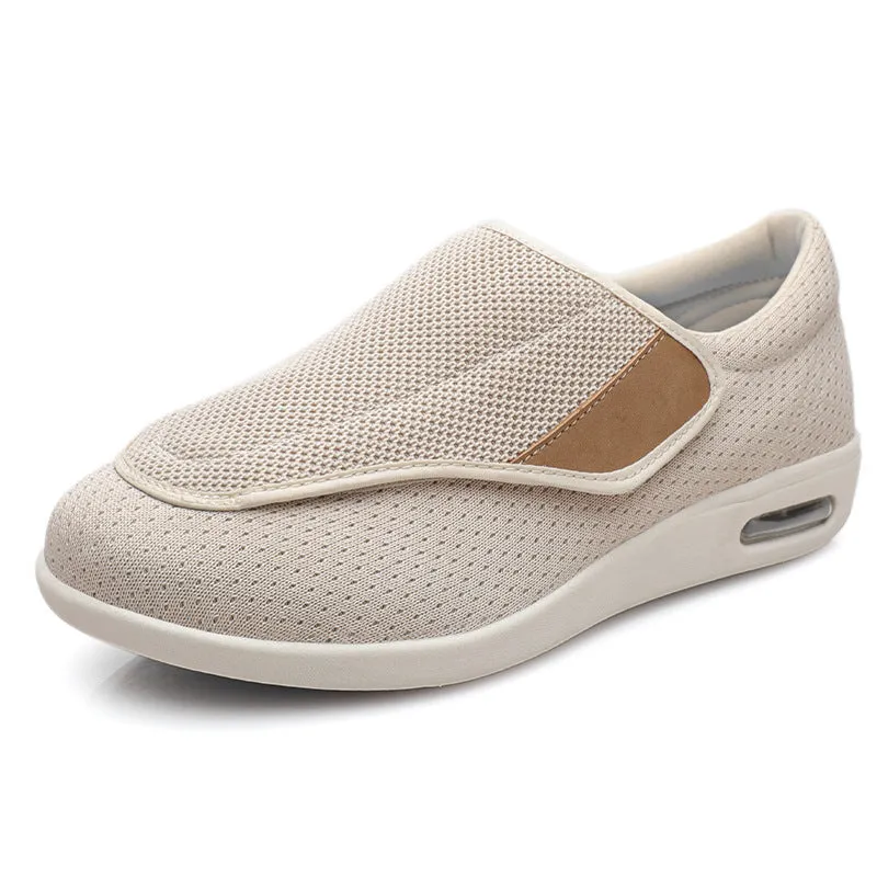 Wide fit elderly shoes with Velcro closure, round toe, and cushioned rubber sole in black colour option