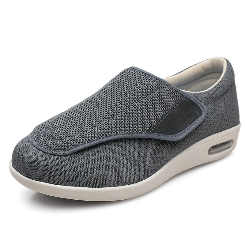 Wide fit elderly shoes with Velcro closure, round toe, and cushioned rubber sole in black colour option