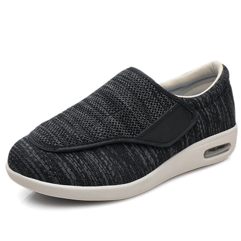 Wide fit elderly shoes with Velcro closure, round toe, and cushioned rubber sole in black colour option