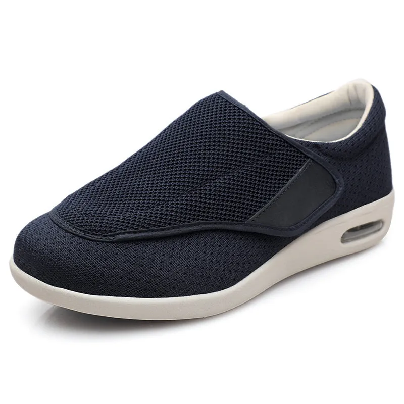 Wide fit elderly shoes with Velcro closure, round toe, and cushioned rubber sole in black colour option