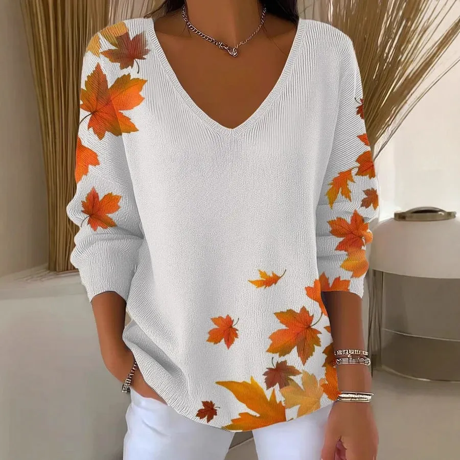 Women's V-neck long sleeve pullover top with 3D digital print and contrast colour in street fashion style