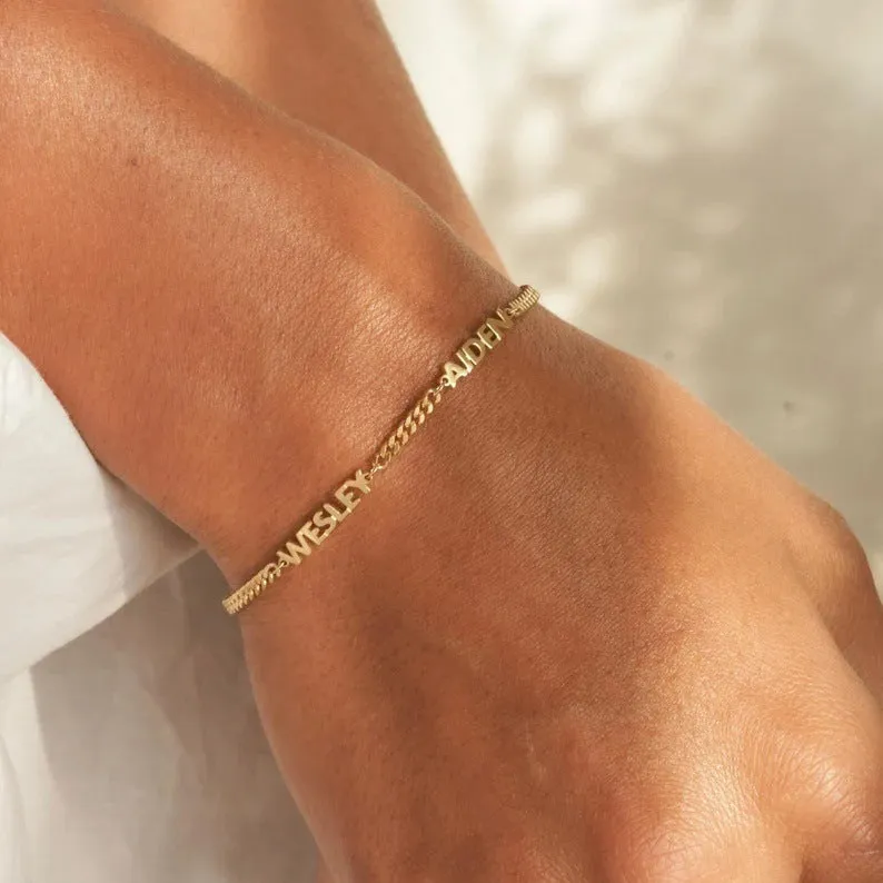 Gold DIY personalised name bracelet Cuban chain stainless steel with engraved name close up