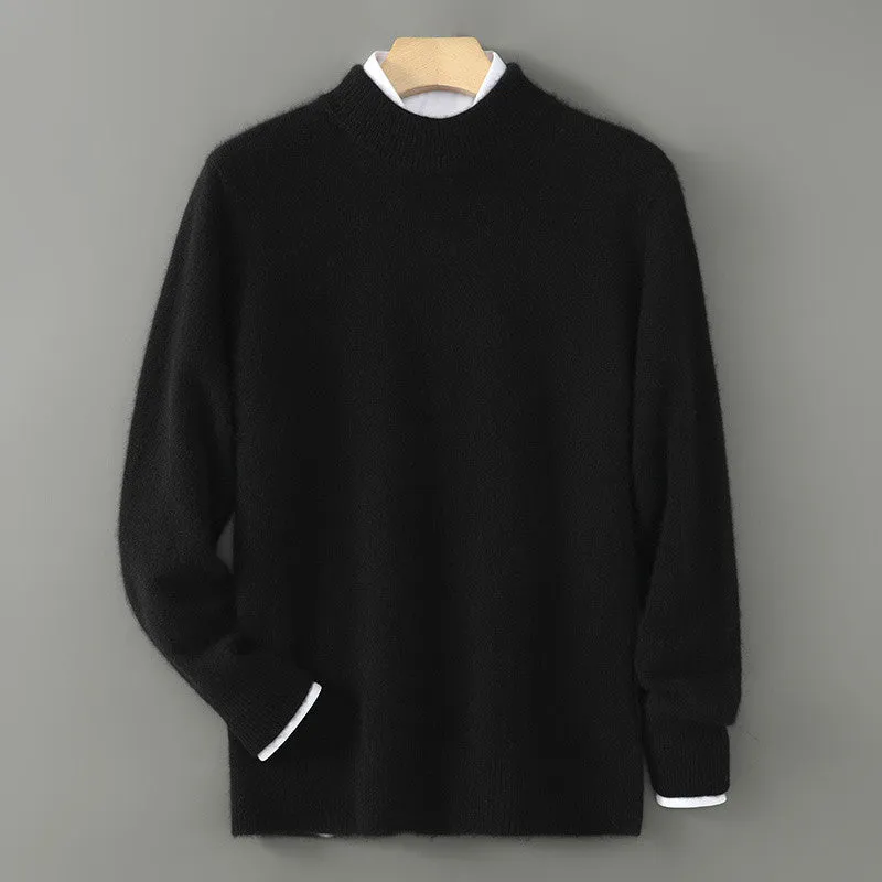 Men's half turtleneck wool blend pullover sweater in beige with loose batwing sleeves, thick knit, long sleeves, plus size fit