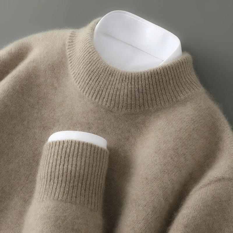 Men's half turtleneck wool blend pullover sweater in beige with loose batwing sleeves, thick knit, long sleeves, plus size fit