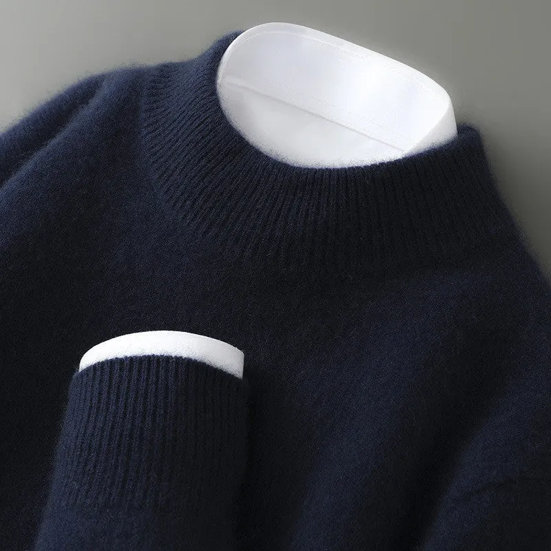 Men's half turtleneck wool blend pullover sweater in beige with loose batwing sleeves, thick knit, long sleeves, plus size fit