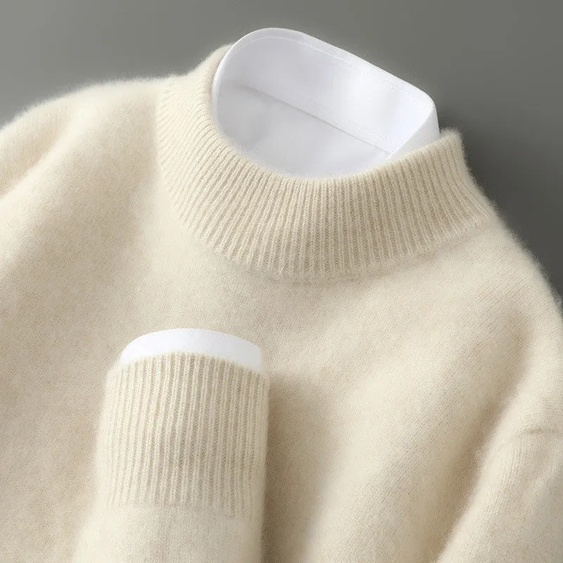 Men's half turtleneck wool blend pullover sweater in beige with loose batwing sleeves, thick knit, long sleeves, plus size fit